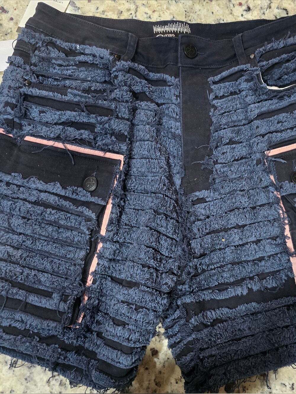 Lifted Anchors "Shredded" Denim Cargo Shorts - Blue/Black - Size 32 - NWT